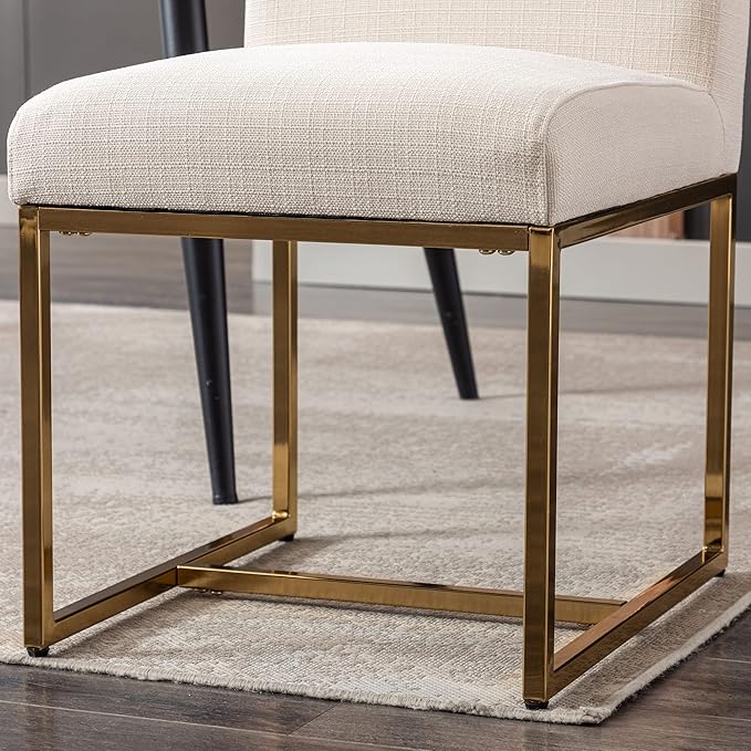 VESCASA Linen Upholstered Dining Chairs Set of 4, Mid Century Modern Padded Chair with Gold Metal Frame for Restaurant, Dining Room, Kitchen, Cream