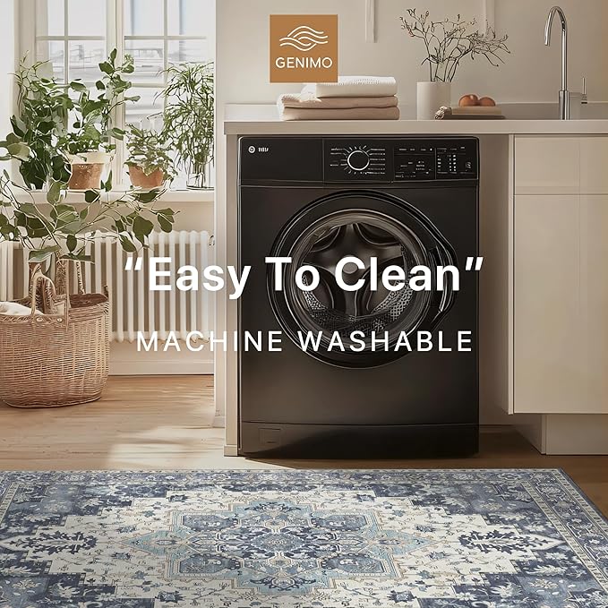 GENIMO 2x6 Runner Rugs for Hallway, Machine Washable Non Slip Vintage Rugs, Low Pile Lightweight Soft Print Rug for enrtyway, Corridor, Home Office, Kitchen, Center Blue