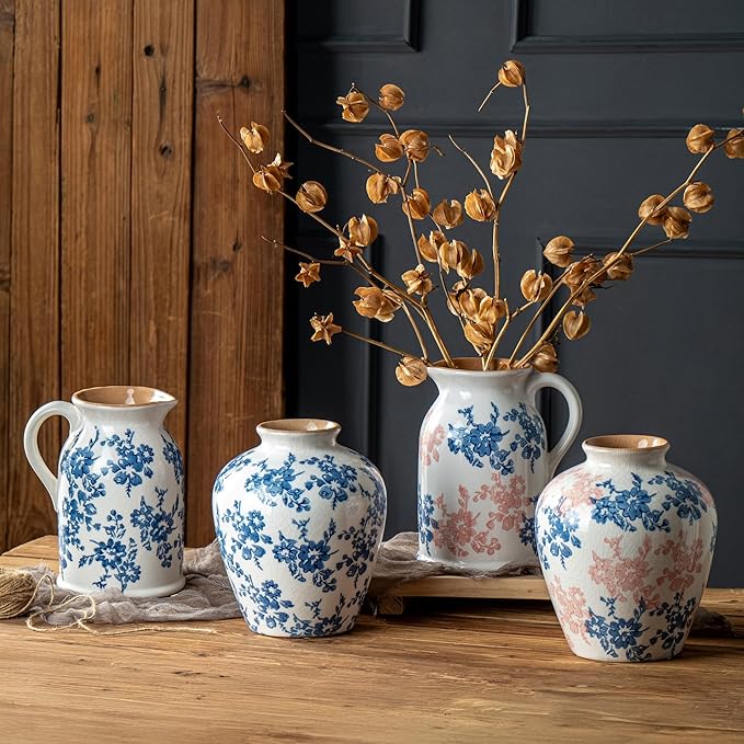 Pink Blue and White Vase, 8 Inch Vintage Chinoiserie Ceramic Vase, Rustic Flower Vases Decorative Antique Vases for Home Decor, Retro Ice Cracked Porcelain Farmhouse Table Centerpieces Decor