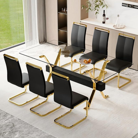 7 Piece Glass Dining Table Set, 79" Modern Dining Table Set for 6, 0.5" Thick Tempered Glass Tabletop with Gold Chrome Metal Legs and Black Crossbar, 6 PU Chairs for Dining Room, Kitchen