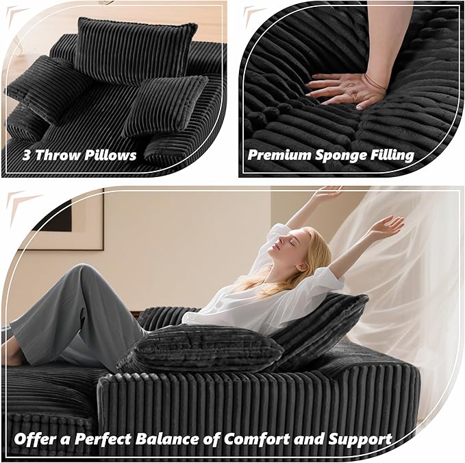 Oversized 67" Chaise Lounge Chair Indoor, Corduroy Upholstered Deep Seat Sofa Couch, Cloud-Soft Boneless Lounger, Comfy Reading Chairs for Living Room & Bedroom, No Assembly Required (Black)