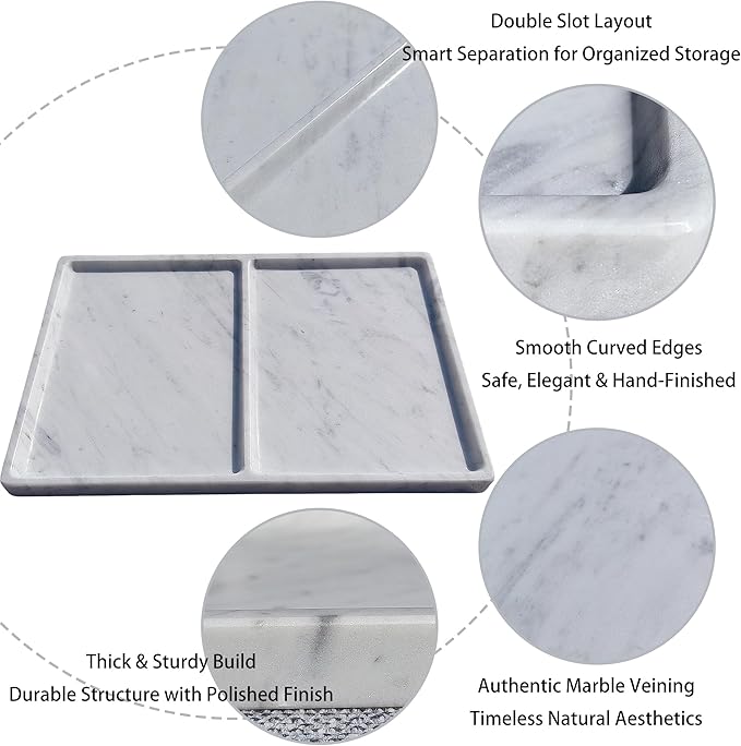 11.81"x7.87" Marble Decorative Tray with Dual Compartments – Catchall Organizer for Jewelry, Cosmetics, Soap – Polished Stone Dresser Vanity Tray for Bathroom, Entryway, Office – Calacatta White