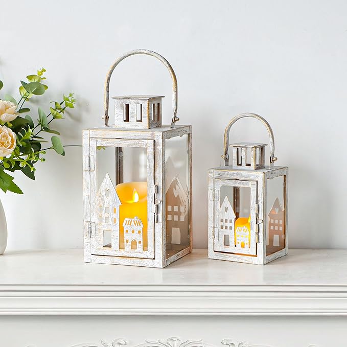 TRIROCKS Halloween Candle Lantern 6 &11" H Vintage Metal Candle Holders Set of 2 Outdoor Lanterns for Garden, Living Room, Indoor & Outdoor (Gray with Gold Brush)