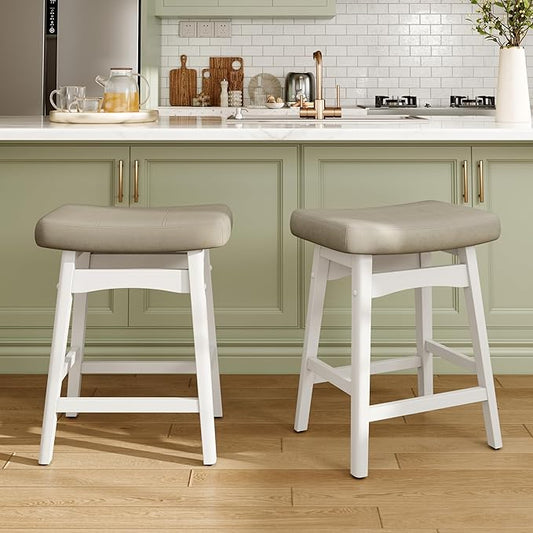 MAISON ARTS Beige Counter Height Bar Stools Set of 2 for Kitchen Counter Solid Wood Legs with Faux Leather Saddle Seat Farmhouse Barstools for 34"-38" Counter Island Upholstered Stools, 24in Height