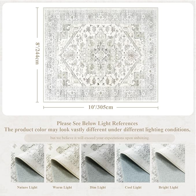 LIVEBOX Washable Area Rug 8x10 - Large Beige Vintage Tribal Living Room Rug Oriental for Bedroom, Non-Slip Retro Medallion Carpet Print Distressed for Dining Room Guest Office