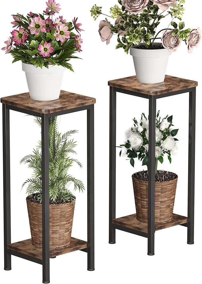 Homeiju 2-Pack Plant Stand Indoor, 2 Tier Wood Corner Plant Stand, Modern Square Plant Shelf Flower Stand for Living Room Patio Balcony Garden, Rustic Brown