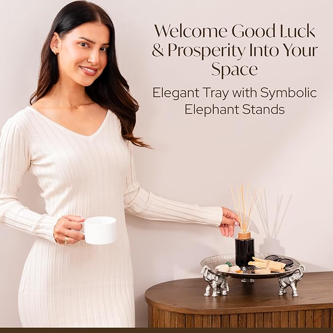 Round Decorative Tray with Elephant Stands, Silvery – Tray for Coffee Table, Home Decor, Centerpiece, Serving Platter & More – Circular Tray with Symbolic Elephants