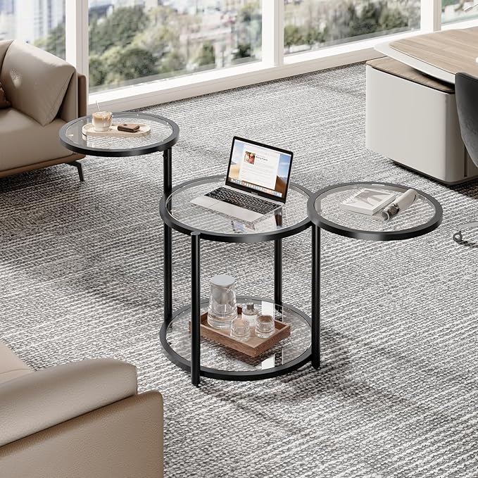 Round Glass Coffee Table - 4 Tier Coffee Tables for Living Room with Rotating Top, Circle Coffee Table with Storage, Modern Clear Center Table with Metal Frame for Small Space, Office, Black