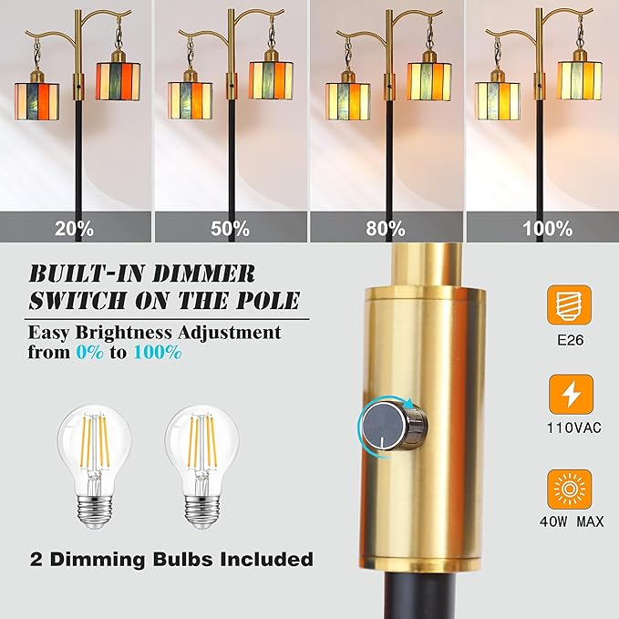 Vintage Dimmable Floor Lamp, Tiffany Standing Lamp with 2 Stained Glass Shades, Rustic Farmhouse Floor Lamp with Black and Gold Finish for Living Room Bedroom