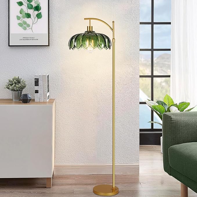 Gold Floor Lamp for Living Room,Bedroom,Mid Century Modern Standing Lamp with Remote,Dimmable Brass Tall Lamp Vintage Retro Green Glass Arc Floor Flower Floor Light Boho Bohemian