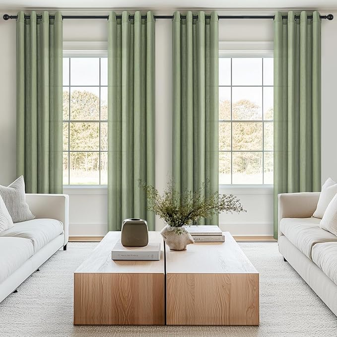 90 Inches Long Semi Sheer Linen Curtains for Living Room Bedroom Custom Made Memory Shape Drape Thick Linen Textured Light Filtering Sage Green Window Curtain 90 Inch