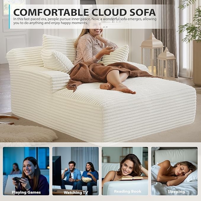 Oversized Chaise Lounge Chair Indoor, Corduroy Sofa Bed with Throw Pillows, Cozy Cloud Couch, Upholstered Sleeper Sofa Couch for Living Room, Bedroom, Apartment, White