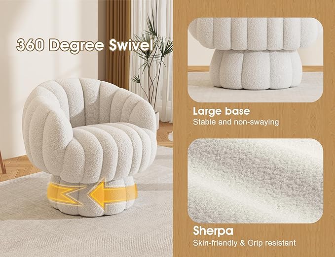 Mid Century Modern 360 Degree Barrel Swivel Accent Sofa Chair,Fluffy Sherpa Fabric Lounge Wide Upholstered Pumpkin Reading Chair, Round Cloud Armchair for Living Room,Bedroom,Vanity(Beige)