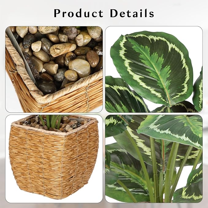 Briful Fake Plants Potted Calathea Medallion Artificial Plants Indoor Realistic Greenery Faux Plants in Square Plastic Rattan Baskets for Home Decor Farmhouse Office Weddings