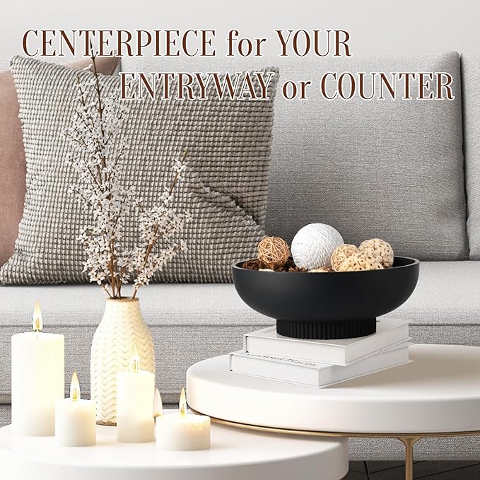 Large Resin Pedestal Decorative Bowl - Modern Handicraft Bowls for Home Decor - Fruit Bowl for Kitchen Counter - Key Bowl for Entryway Table,Matte Black