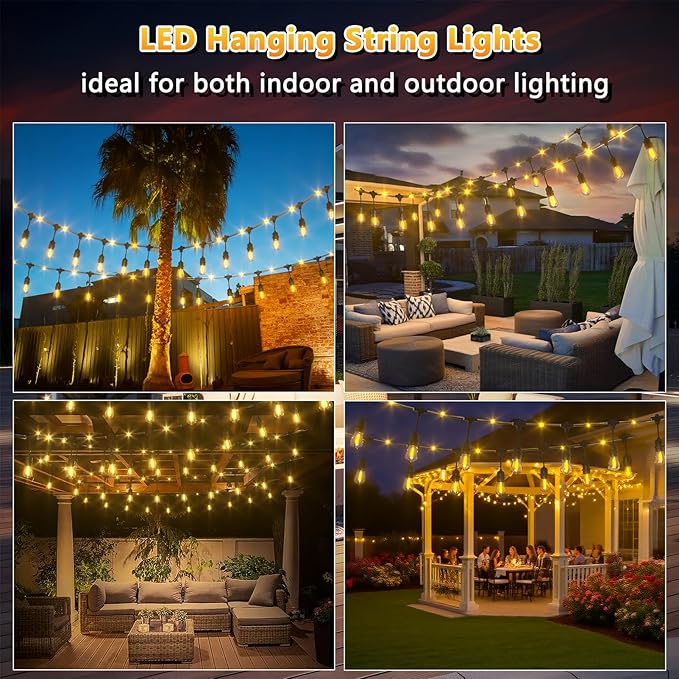 Outdoor String Lights with Lighted Tubing, 24 ft Outside String Lights with 13 (12+1spare) S14 Retro Bulbs & 72-LED Lighted Fairy Tubing, IP65 Waterproof &Connectable LED Light for Patio Bistro