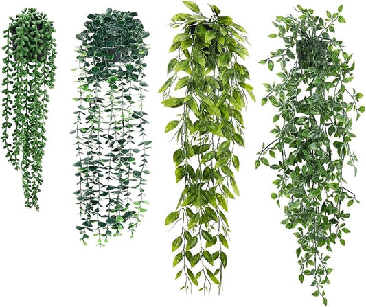 Artificial Hanging Plants for Shelf, 4-Pack Fake Potted Greenery Faux Plant in Pot for Vintage Farmhouse Bathroom Office Desk Wall Bookshelf Room Accessories Décor