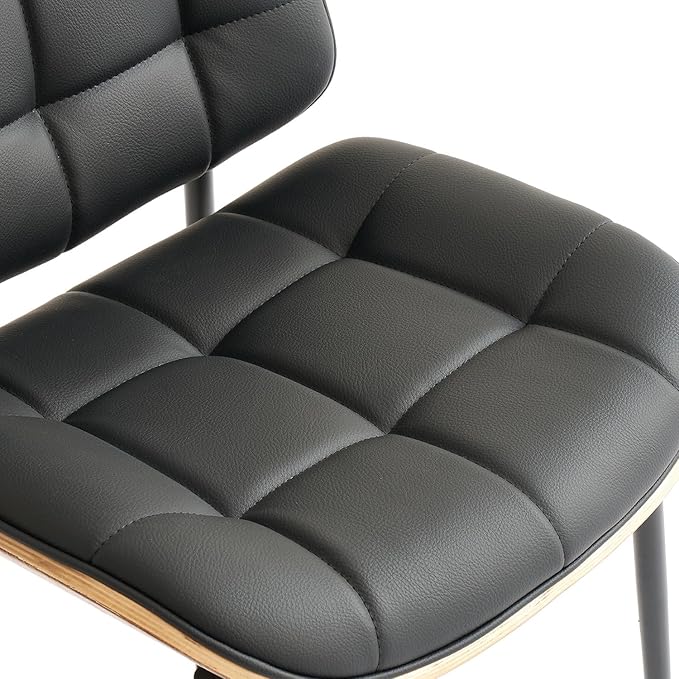 Mid Century Modern Dining Chairs with Walnut Grain Back, Black Faux Leather Dining Room Chairs Set of 2, Checkered Soft Cushion Kitchen Chairs with Adjustable Foot Pads