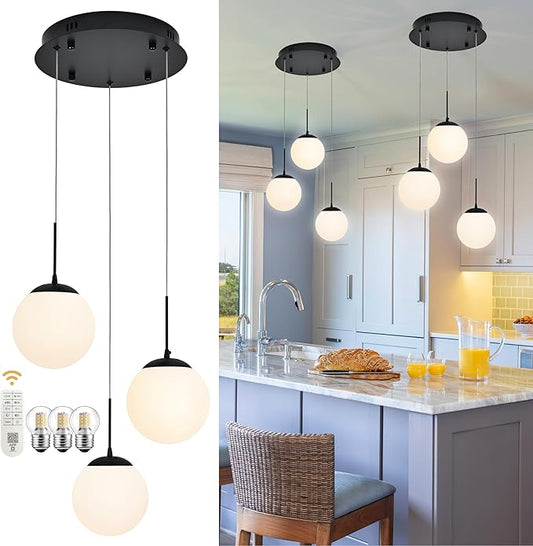 KoKo&Yukina 3 Light Globe Glass Pendant Light Modern Black Globe Chandelier Adjustable Length Pendant Light Fixtures Milky White Glass Ceiling Light for Foyer Hallway