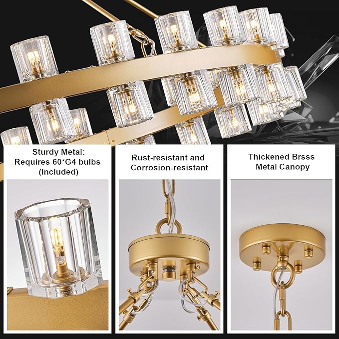 60 Inch Gold Wagon Wheel Chandelier with Crystal Shade, 60 Lights, Modern Farmhouse Style, Ideal for Dining Room, Kitchen, Entryways