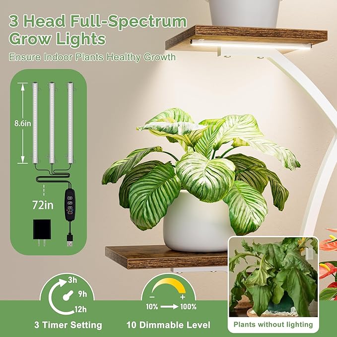 Plant Stand Indoor with Grow Lights - 62" Tall Plant Shelf Indoor, Lighted Corner Plant Stands for Indoor Plants, 8 Tiered Flower Spike-Shaped Rack for Living Room, Patio, Balcony Decor（White)