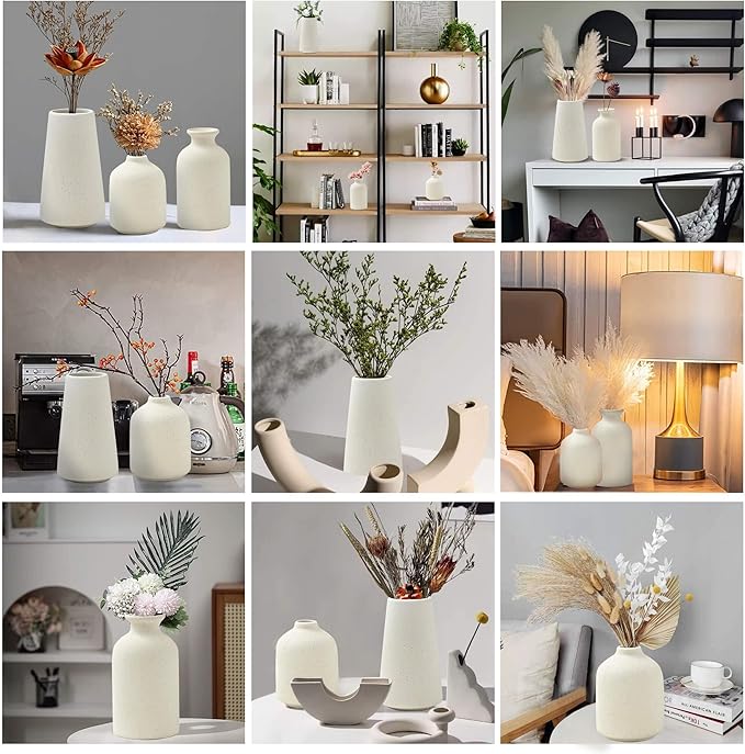 Beige Ceramic Vases Set of 3 for Pampas Grass & Dried Flowers, Creative Modern Boho Farmhouse Décor, Small Ceramic Vase for Shelf, Desk, Bookshelf and Entryway