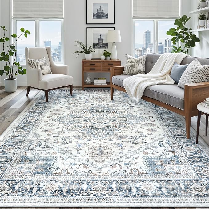 LIVEBOX Washable Area Rug 8x10 - Large Blue Vintage Tribal Living Room Rug Oriental for Bedroom, Non-Slip Retro Medallion Carpet Print Distressed for Dining Room Guest Office