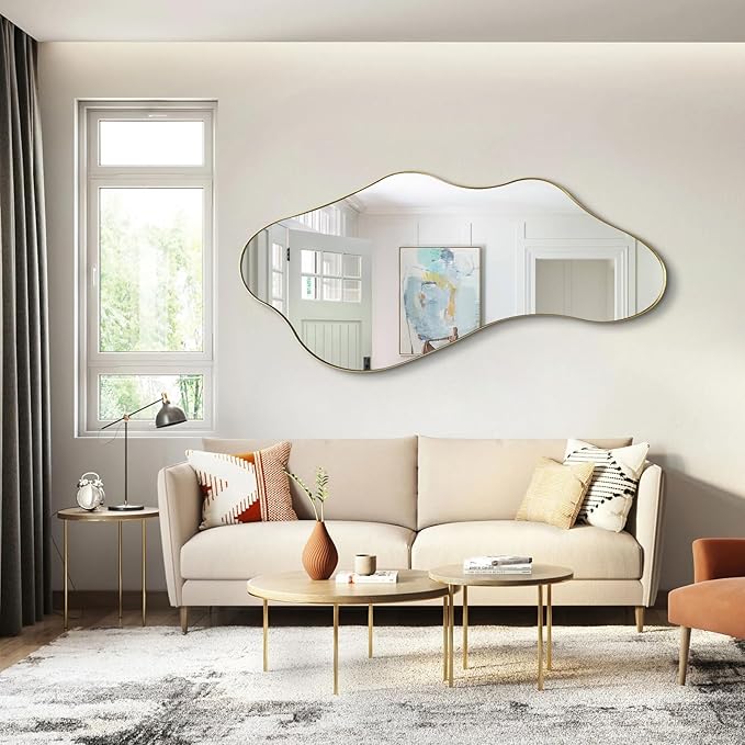 Large Irregular Mirror, Asymmetrical Mirrors Full Length, 55"x25.6" Wavy Shaped Mirror with Metal Frame, Gold Decorative Abstract Mirrors for Living Room Bathroom Bedroom Hallway Entryway