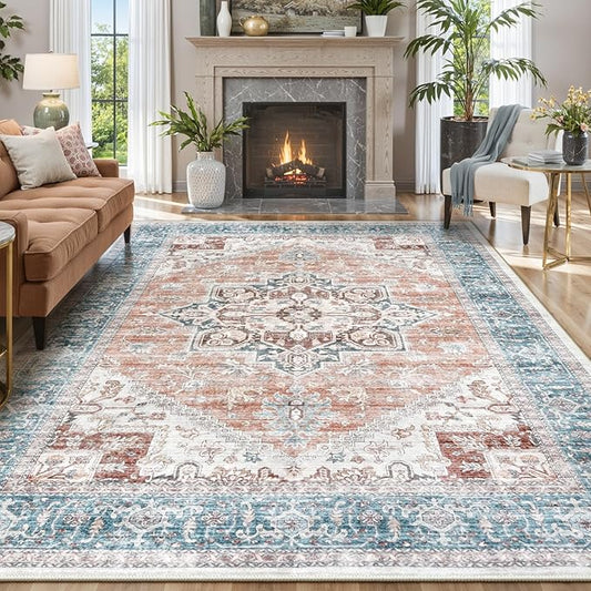 LIVEBOX 8x10 Washable Area Rug - Large Vintage Tribal Living Room Rug Oriental for Bedroom, Non-Slip Retro Medallion Carpet Print Distressed for Dining Room Guest Office