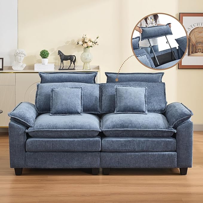 72'' Cloud Modern Loveseat Couch with Detachable Headrest, Modular Sectional Sofa Couch Deep Love Seat, Oversized 2 Seater Chenille Comfy Sofa with Armrests for Living Room, Blue