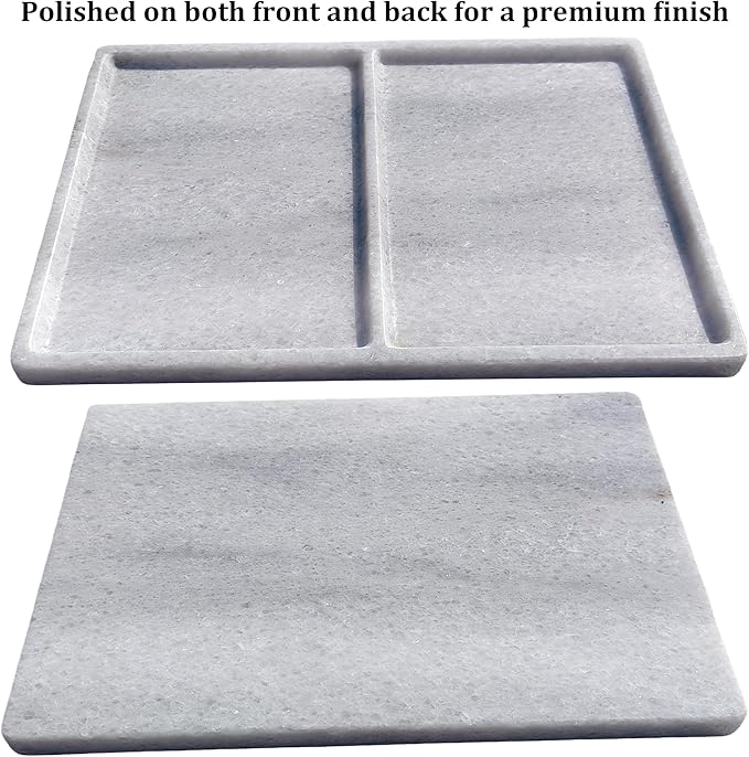 10"x8" Natural Marble Decorative Tray – Dual‑Compartment Stone Vanity Organizer for Jewelry, Keys & Soap – Premium Heat‑Resistant Bathroom Decor Gift(Belken White)