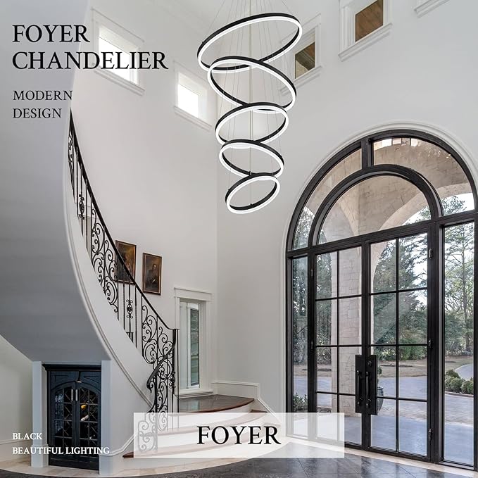 Modern LED Chandelier for Foyer Dimmable Black High Ceiling Chandeliers Foyer with Remote Control for Entryway Dining Room Living Room Staircase, 3000K-6500K(5-Rings D23.6’’)