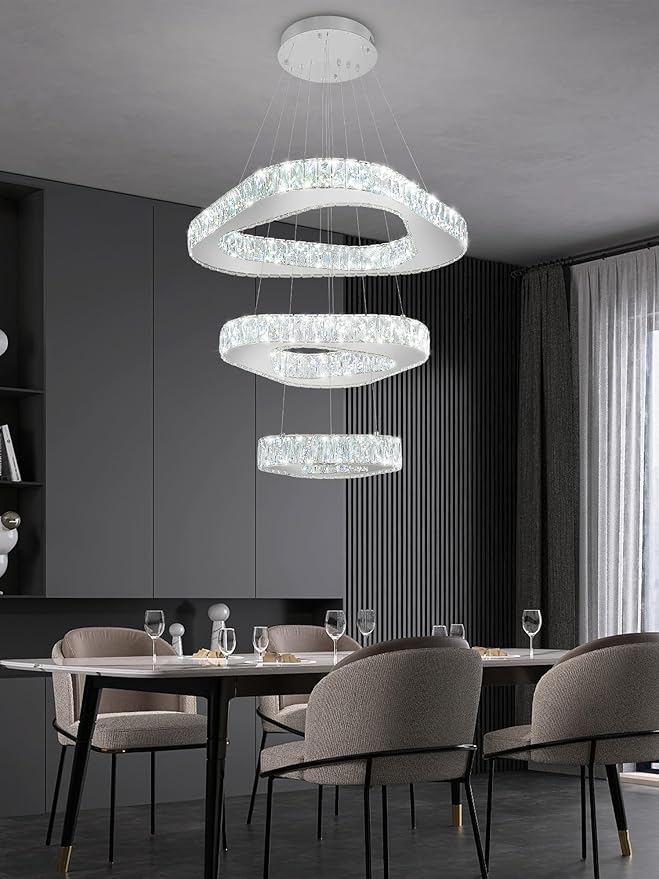 Modern Led Chandelier Adjustable 3 Rings Crystal Chandelier for Living Room Foyer Stairwell Lighting High Ceiling Light Dimmable 2700K-6000K