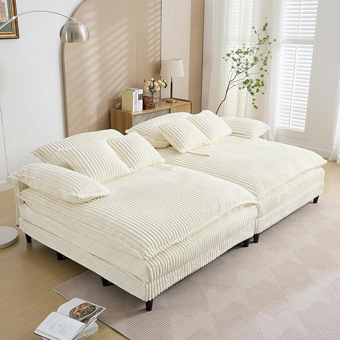 110" W Oversized Double Chaise Lounge Sofa Couch, Corduroy Sleeper Sofa Bed with Adjustable Backrest, Modern Upholstered Cloud Couch with Deep Seat & Pillows for Living Room, Beige