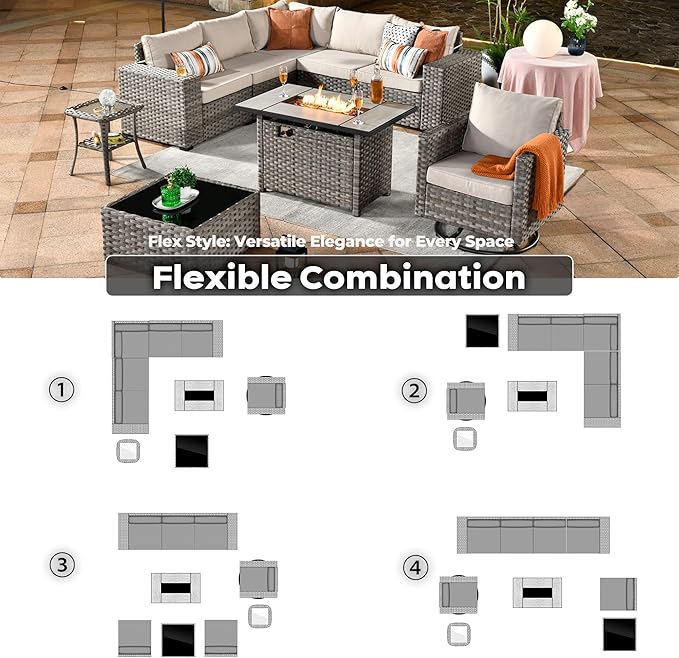 ovios 9 Pieces Patio Furniture Set, Outdoor Wicker Sectional Sofa with 42" Fire Pit Table Swivel Chair, Modern Modular Deep Seat Rattan Couch Conversation Sets, Beige