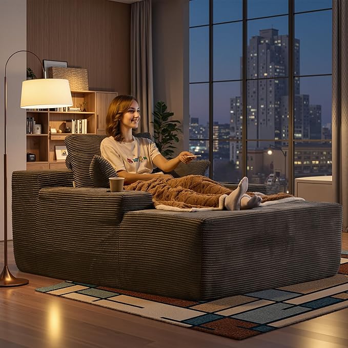 Chaise Lounge Chair Indoor, 67" Oversized Comfy Corduroy Sleeper Sofa Bed with Cup Holders and Wide Armrests, Boneless Upholstered Recliner Bed, Modern Cloud Couch for Living Room, Grey