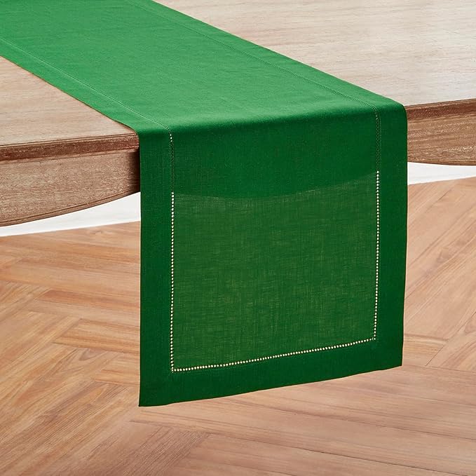 Solino Home Linen Garden Green Table Runner 72 Inches Long - 100% Pure Linen Hemstitch Table Runner 14 x 72 Inch for Dresser, Dining, Christmas - Classic Hemstitch