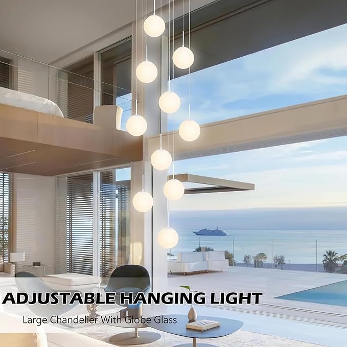 KoKo&Yukina Globe Pendant Light Adjustable Hanging Light Staircase Chandelier Milk Glass Pendant Lights with Milky White Glass Shade Globe Lights for Staircase