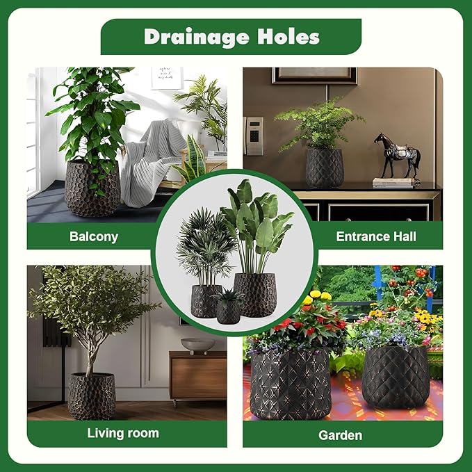 Craft flowerpots 18"+13"+9" Dia Round Concrete Planter Set of 3 Large Outdoor/Indoor Planter Pots Containers with Drainage Holes and Rubber Plug for Home Garden (Black, Large)