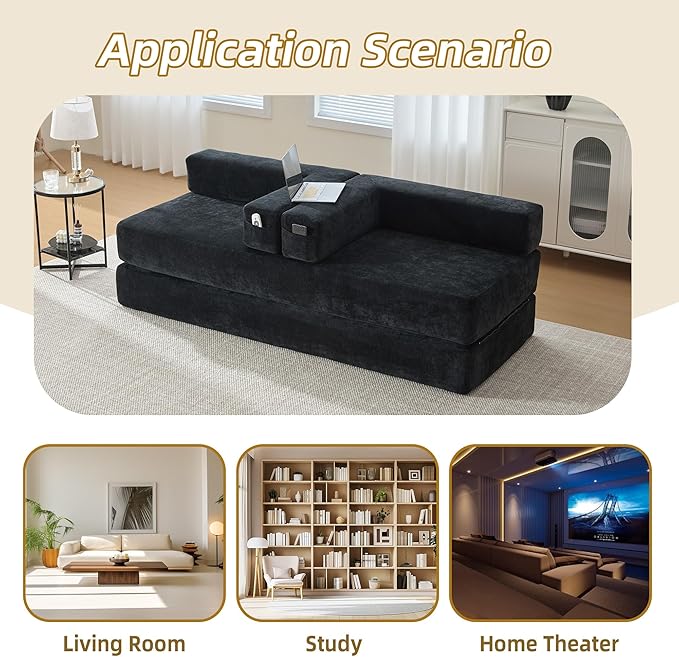Convertible Floor Sofa Bed with Storage Pocket, Chenille Folding Mattress Sofa with Zipper Closure, Floor Lounge Couch for Living Room, Bedroom, Studio -Chenille Black
