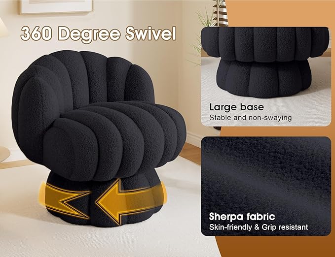 Mid Century Modern 360 Degree Barrel Swivel Accent Vanity Chair,Fluffy Sherpa Fabric Lounge Wide Upholstered Pumpkin Reading Chair, Round Cloud Armchair for Living Room,Bedroom,Vanity(Black)