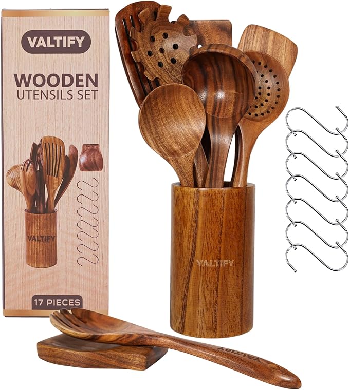 Kitchen Utensil Set | 17-Piece Wooden Cooking Utensils with Holder & Hooks | Teakwood Utensils Set for Cooking | Non Toxic Wooden Spoons | Spatulas & Kitchen Accessories