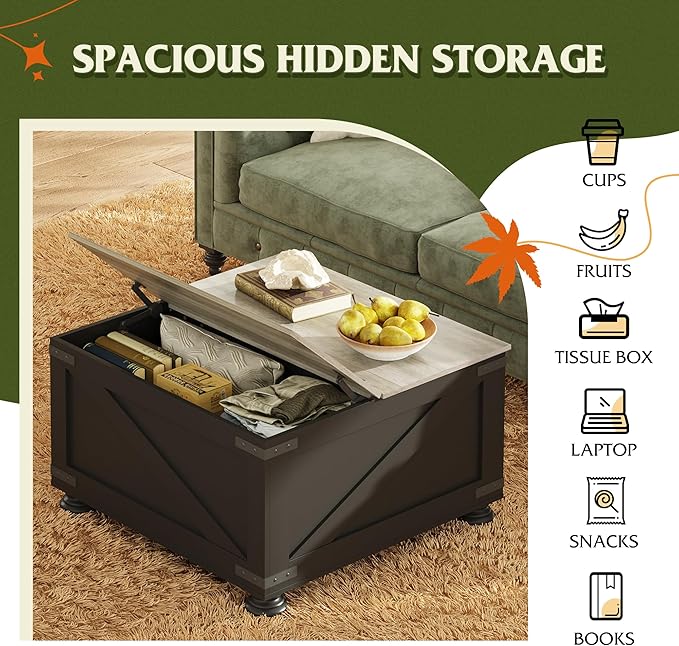 WLIVE Farmhouse Lift Top Coffee Table with Storage, 31.5" Square Center Table, Flip-Top Hidden Compartment, Wood-Grain Coffee Table for Living Room, Bedroom, Black