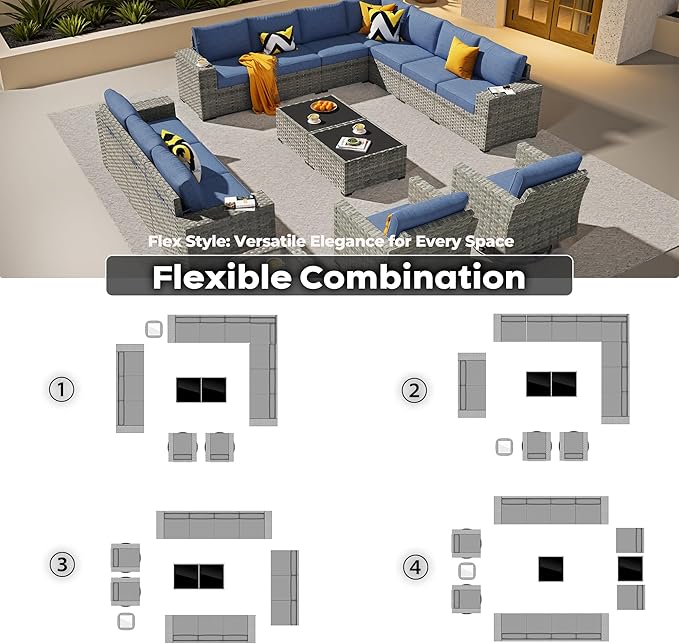 ovios 15 Pieces Patio Furniture Set, Outdoor Wicker Sectional Sofa with Swivel Chairs Coffee Table, Modern Modular Deep Seat Rattan Couch Conversation Sets, Denim Blue