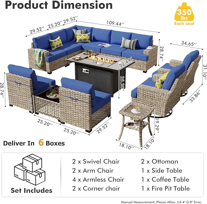 HOOOWOOO Outdoor Sectional Patio Furniture Set with Fire Pit Table,13 Pieces Wicker Conversation Sets L Shaped Couch,Extra Deep Out Door Sofa Outside Furniture with Swivel Chairs,Navy Blue