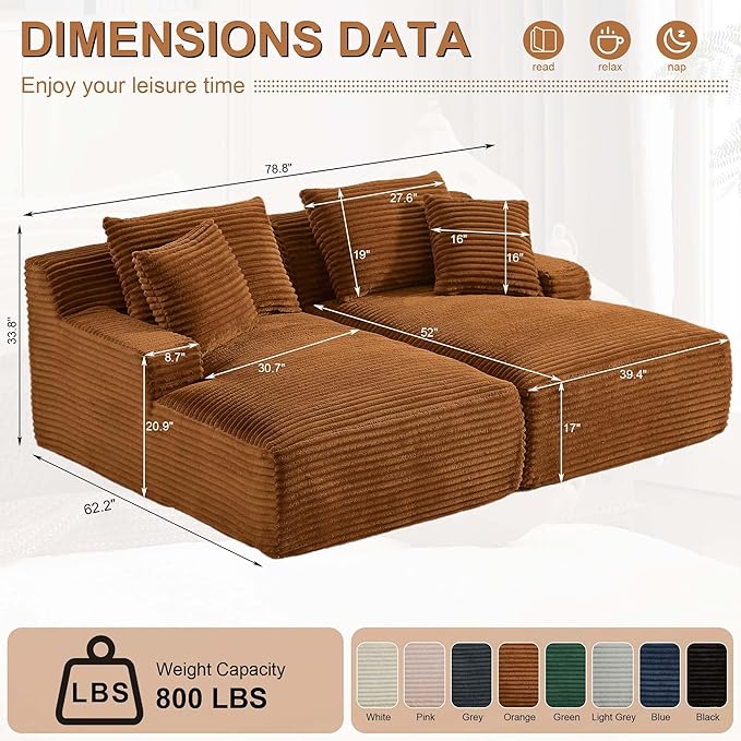 GNIXUU 78.8" Oversized Double Chaise Lounges Indoor, 2 Pieces Comfy Corduroy Chaise Lounge Chair Cloud Boneless Couch, Fluffy Upholstered Sleeper Loveseat Bed for Living Room Bedroom Reading(Orange)