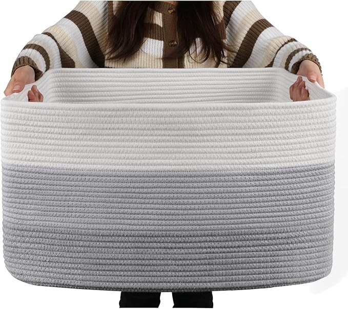 OIAHOMY Large Blanket Basket, 22”x17”x12” Rectangle Woven Baskets, Nursery Blanket Storage Living Room, Toy Storage With Handle, Large Baskets for Organizing-Gradient Grey