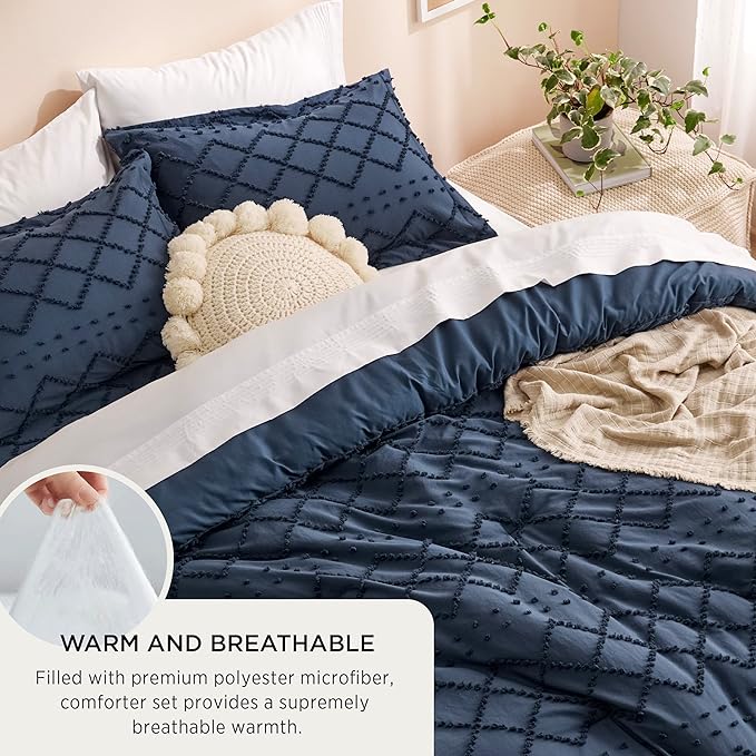 Bedsure Twin XL Comforter Set - Navy Blue Comforter, Boho Tufted Shabby Chic Bedding for Kids, 2 Pieces Vintage Farmhouse Bed Set for All Seasons, Fluffy Soft Bedding with 1 Pillow Sham