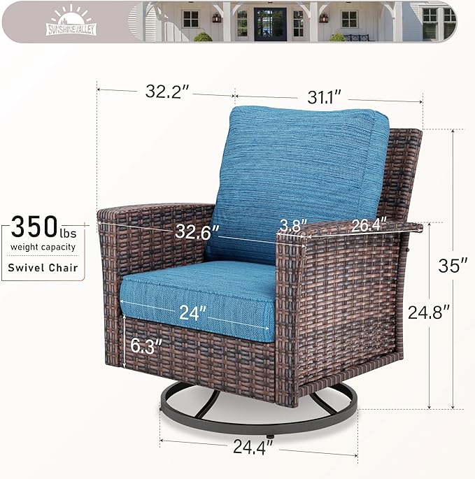 Patio Wicker Swivel Chairs Set of 2, Outdoor High Back Chairs with 5.5" Waterproof Cushions, Outdoor Furniture Set for Deck Porch and Yard, Peacock Blue