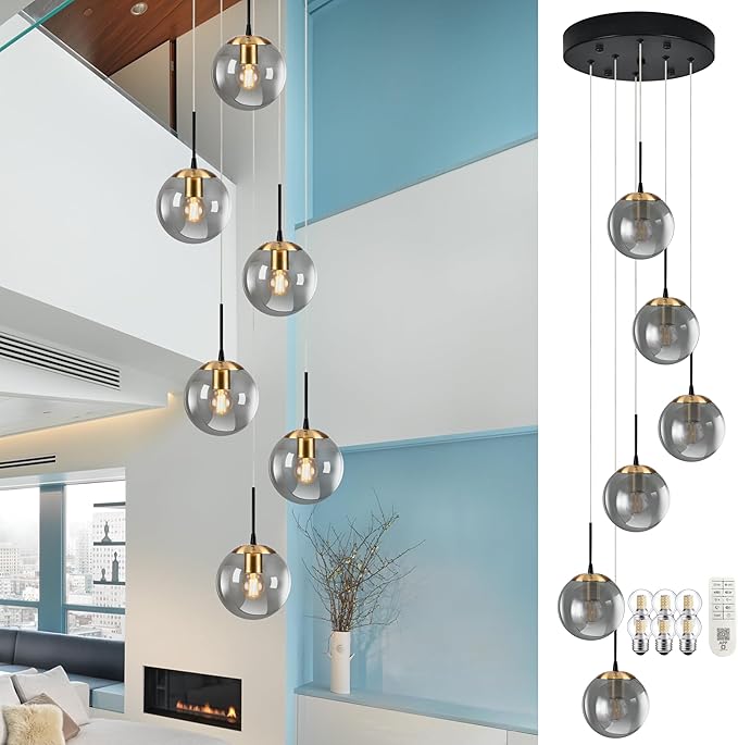 KoKo&Yukina Gold 6-Light Globe Chandelier Modern Globe Pendant Light Dining Light Fixtures Ceiling Hanging Stairwell Lighting Adjustable Staircase Lights Grey Glass Light Fixture for Kitchen